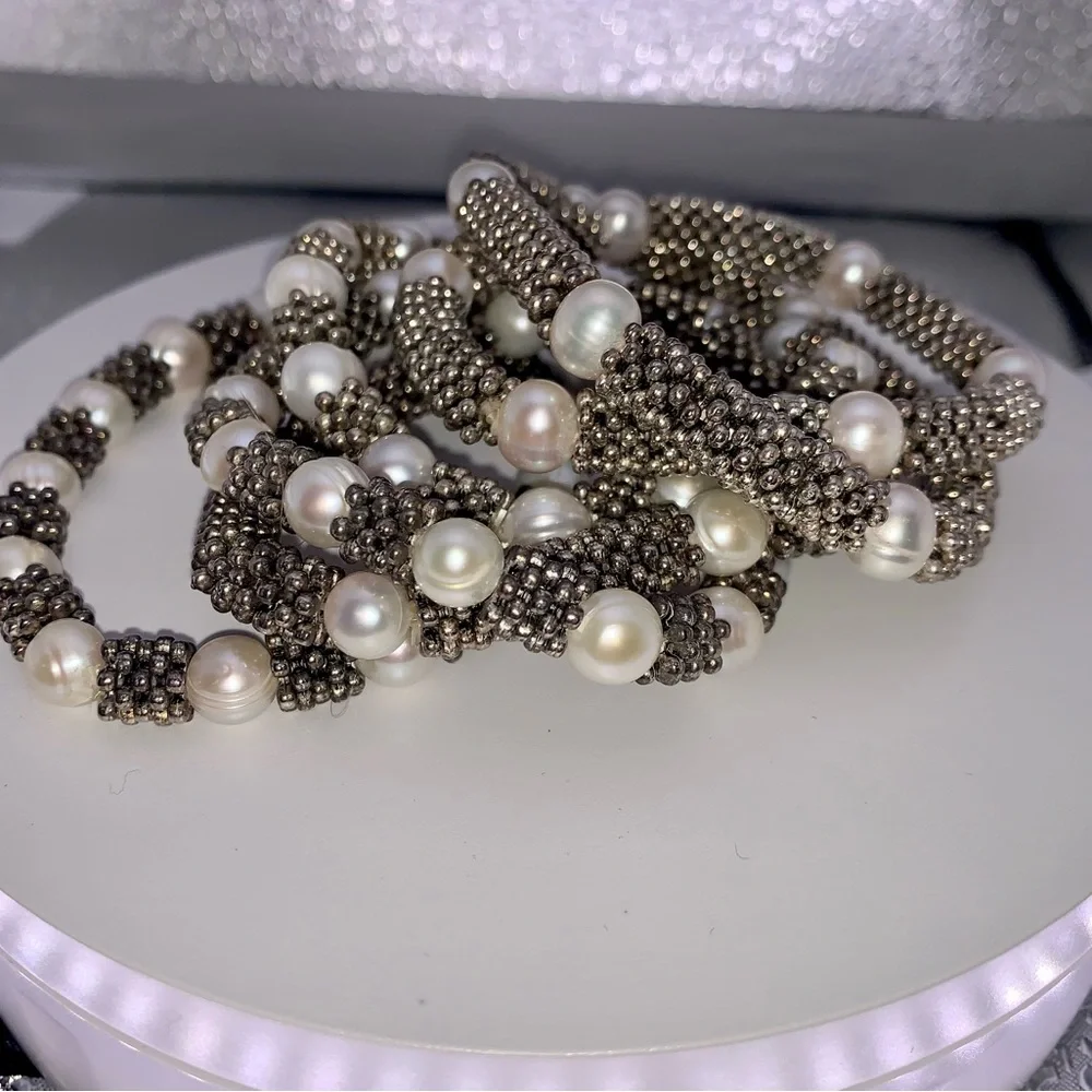 Vintage Real Pearl & Sterling Stretch Bracelet - Picture 4 of 7